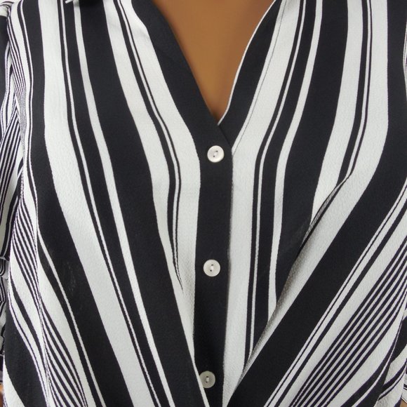DRESSBARN Top M Black/White Striped Blouse NWT Hi/Low Stretch Roll Tab Long Slvs - Picture 5 of 11